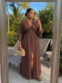 SHEIN Lady CURVE 大尺碼女款波點印花 3/4 袖開衩下擺休閒洋裝 - 棕色 - 查看 4