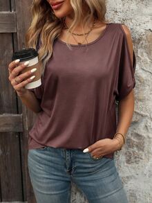 SHEIN Holidaya Summer Casual 2000s Solid Color Cold Shoulder T-Shirt Everyday Travel Dusty Mauve - Purple - View 3