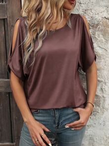 SHEIN Holidaya Summer Casual 2000s Solid Color Cold Shoulder T-Shirt Everyday Travel Dusty Mauve - Purple - View 7