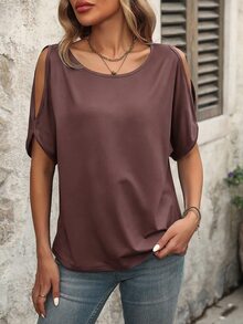 SHEIN Holidaya Summer Casual 2000s Solid Color Cold Shoulder T-Shirt Everyday Travel Dusty Mauve - Purple - View 6