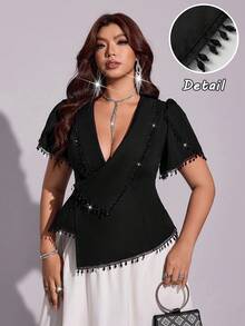 Viva Relle Plus Size Women's Tulip Sleeve Turn-Down Collar Elegant Blouse With Chain Decoration - Black - View 1