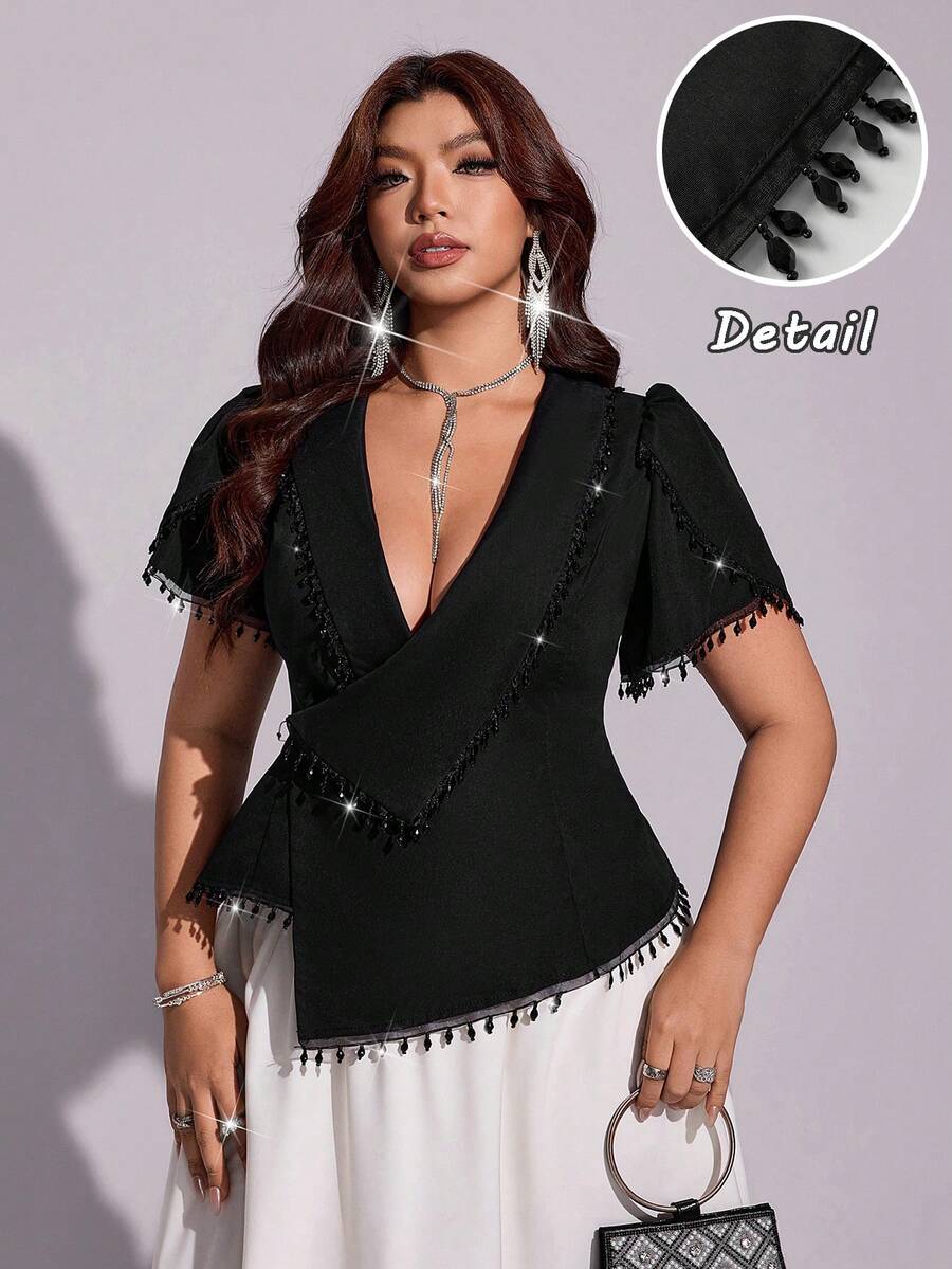Viva Relle Plus Size Women's Tulip Sleeve Turn-Down Collar Elegant Blouse With Chain Decoration - Black - View 1