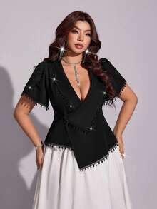 Viva Relle Plus Size Women's Tulip Sleeve Turn-Down Collar Elegant Blouse With Chain Decoration - Black - View 4
