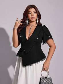 Viva Relle Plus Size Women's Tulip Sleeve Turn-Down Collar Elegant Blouse With Chain Decoration - Black - View 6