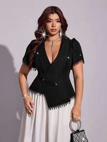 Viva Relle Plus Size Women's Tulip Sleeve Turn-Down Collar Elegant Blouse With Chain Decoration - Black - View 3