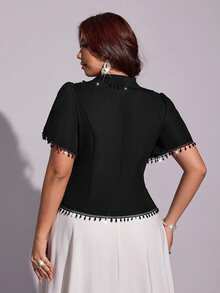 Viva Relle Plus Size Women's Tulip Sleeve Turn-Down Collar Elegant Blouse With Chain Decoration - Black - View 2