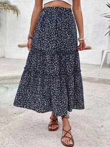 Breezaya 女款印花鬆緊腰裙，海軍藍夏季休閒波希米亞浪漫風，適合度假、海灘、早午餐、野餐 - 藏蓝色 - 查看 6