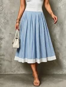 Franclia Women Striped High Waist Versatile A-Line Skirt, For Work And Vacation Fall Cloth For Women - Blue - View 5