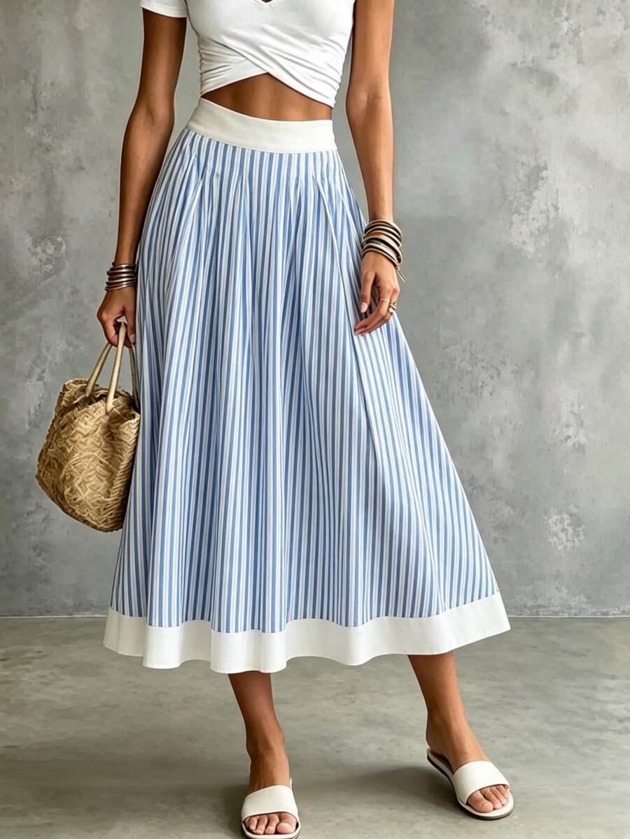 Franclia Women Striped High Waist Versatile A-Line Skirt, For Work And Vacation Fall Cloth For Women - Blue - View 1