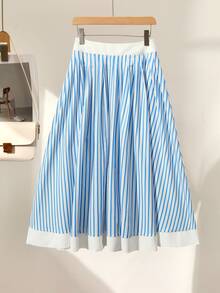 Franclia Women Striped High Waist Versatile A-Line Skirt, For Work And Vacation Fall Cloth For Women - Blue - View 4