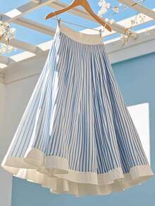 Franclia Women Striped High Waist Versatile A-Line Skirt, For Work And Vacation Fall Cloth For Women - Blue - View 3
