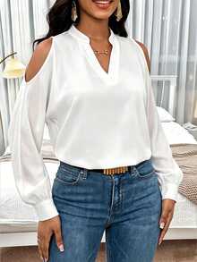 SHEIN Lady Women's White Cold Shoulder V Neck Long Sleeve Loose Blouse Top Elegant Casual Flowy Office Work Party Going Out Vacation Beach Summer Fall - White - View 4