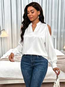 SHEIN Lady Women's White Cold Shoulder V Neck Long Sleeve Loose Blouse Top Elegant Casual Flowy Office Work Party Going Out Vacation Beach Summer Fall - White - View 5