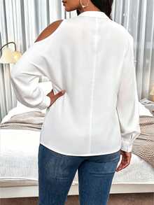 SHEIN Lady Women's White Cold Shoulder V Neck Long Sleeve Loose Blouse Top Elegant Casual Flowy Office Work Party Going Out Vacation Beach Summer Fall - White - View 2