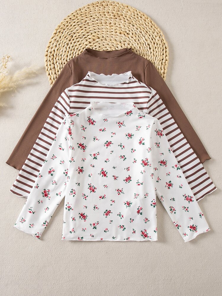 Emery Rose Kids Emery Rose Kids Young Girl Young Girl Young Girl Young Girl Stand Collar Casual Versatile Daily Long Sleeve T-Shirt Pcs - Multicolor - View 3
