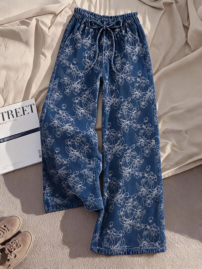 GlowEve CURVE Plus Size Women's Summer Casual 80s Jacquard Denim Jeans Formal Vacation Blue And White