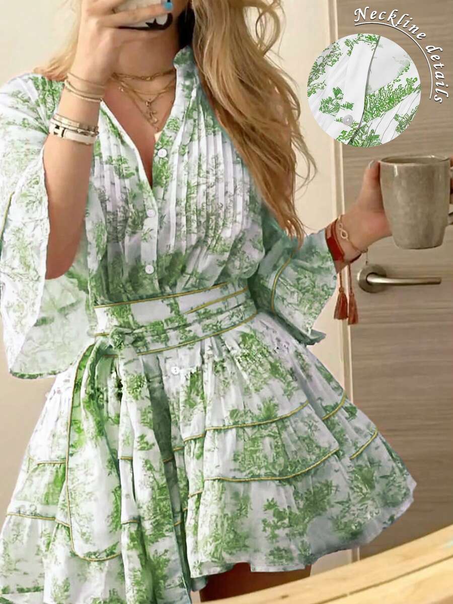 INAWLY Women's Fashionable Casual Bohemian Elegant Romantic Vacation Floral Print Button Front Dress Vacation White Floral Autumn - Green - View 1