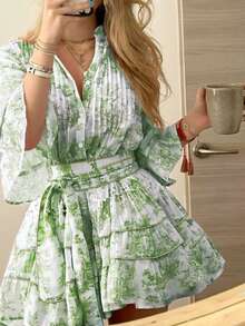 INAWLY Women's Fashionable Casual Bohemian Elegant Romantic Vacation Floral Print Button Front Dress Vacation White Floral Autumn - Green - View 3