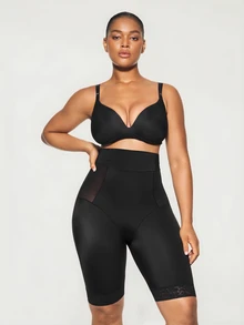 SHAPORA Plus Size Women's High Waist Mid-Thigh Shapewear Shorts With Waistband - Black - View 6