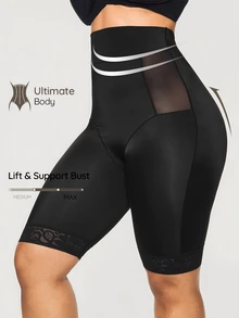 SHAPORA Plus Size Women's High Waist Mid-Thigh Shapewear Shorts With Waistband - Black - View 1