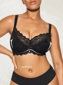 SHAPORA 1 件女士加大码蕾丝拼接钢圈文胸，舒适，提升 - 黑色 - 查看 1