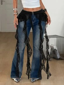 Coolane 女士夏季街头风派对音乐节性感Y2K波西米亚风沙滩装蕾丝流苏荷叶边半身裙 - 黑色 - 查看 4