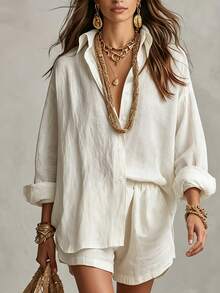 SHEIN LUNE CURVE Plus Size Woven Plain-Colored New Style Casual Office And Vacation Summer Shirt And Short Set Fall - Apricot - View 1