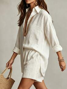 SHEIN LUNE CURVE Plus Size Woven Plain-Colored New Style Casual Office And Vacation Summer Shirt And Short Set Fall - Apricot - View 3