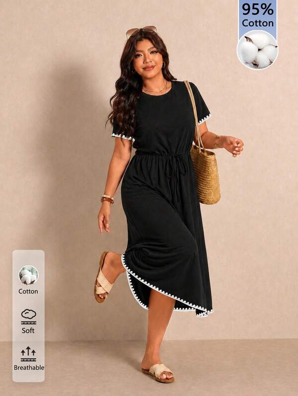 Elaquor Casual Shell Flower Contrast Color Plus Size Black Round Neck Dress, Suitable For Spring And Summer