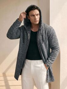 Manfinity Homme Plus Size Men's Mid-Length Hooded Knitted Grey Sweater Cardigan, Warm With Thermal Thermal Lined, Fall/Winter, Long Sleeve Top - Dark Grey - View 1