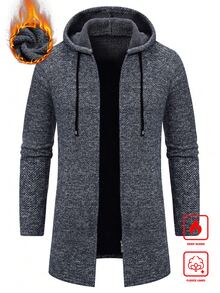 Manfinity Homme Plus Size Men's Mid-Length Hooded Knitted Grey Sweater Cardigan, Warm With Thermal Thermal Lined, Fall/Winter, Long Sleeve Top - Dark Grey - View 3