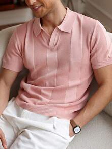 Manfinity Homme 男士大尺碼粉色條紋撞色休閒商務短袖針織 Polo 衫，夏季生日派對度假正式羅紋高爾夫上衣 - 藕粉色 - 查看 7