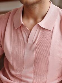 Manfinity Homme 男士大尺碼粉色條紋撞色休閒商務短袖針織 Polo 衫，夏季生日派對度假正式羅紋高爾夫上衣 - 藕粉色 - 查看 5
