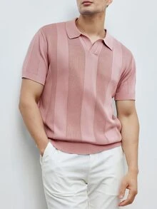 Manfinity Homme 男士大尺碼粉色條紋撞色休閒商務短袖針織 Polo 衫，夏季生日派對度假正式羅紋高爾夫上衣 - 藕粉色 - 查看 2