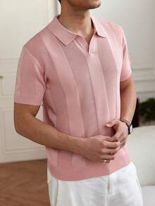 Manfinity Homme 男士大尺碼粉色條紋撞色休閒商務短袖針織 Polo 衫，夏季生日派對度假正式羅紋高爾夫上衣 - 藕粉色 - 查看 4