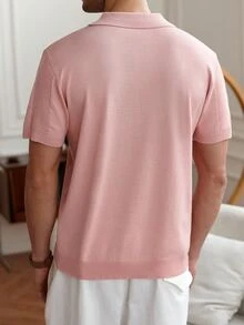 Manfinity Homme 男士大尺碼粉色條紋撞色休閒商務短袖針織 Polo 衫，夏季生日派對度假正式羅紋高爾夫上衣 - 藕粉色 - 查看 8