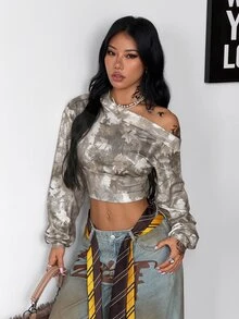 Coolane 女款秋冬街頭風優雅基本款露肩短版長袖米色衛衣，適合早午餐與夜晚外出 - 彩色 - 查看 4