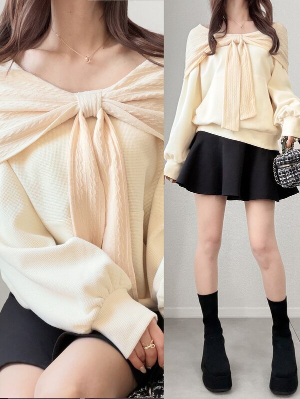 FRIFUL Women's Colorblock Patchwork Ribbon Sweatshirt