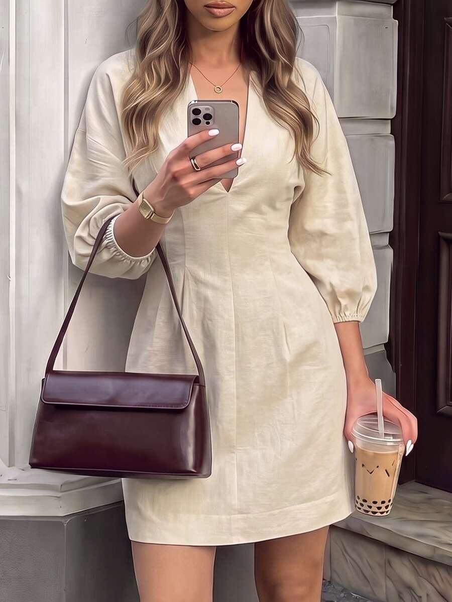 SHEIN 女款春夏V領優雅休閒設計收腰顯瘦燈籠袖薄款純色短洋裝,女款度假穿搭,女款休閒優雅洋裝,女款杏色洋裝 - 杏色 - 查看 1