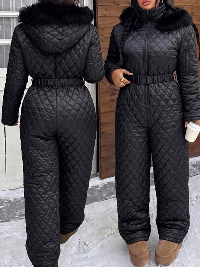 Muchica Plus Size Women's Solid Color Long Sleeve Zipper Front Fur Collar Hooded Casual Winter Jumpsuit Fall