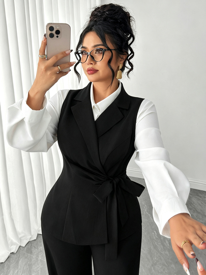 Elenzga Plus Size Women's Halloween 2 Pieces Outfit, Elegant Bow Sleeveless Jumpsuit, Black Formal & Casual Set For Business Office