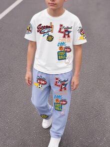SHEIN 2件組青少年男孩休閒舒適時尚極簡圓領短袖T恤與長褲套裝，牛仔風穿搭，經典校園風，酷感條紋圖案印花，Super Silhouette Knight Denim Pony Logo圖案印花，適合春夏 - 白色 - 查看 3