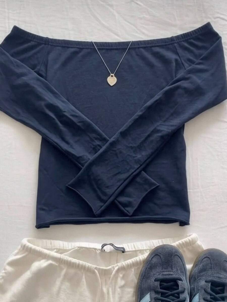 Kids Tween Girl Off-Shoulder Long Sleeve T-Shirt Navy Blue School Autumn Casual Basic/Fall,Y2k,Halloween,Winter,Autumn, - Navy Blue - View 1