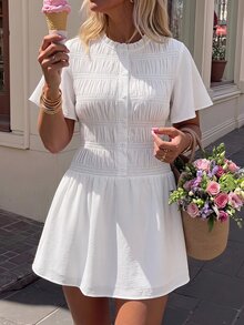 SHEIN MOD Damen-Sommerkleid in Große Größen, einfarbig, plissiert, lässig, kurz, für den Alltag - Weiss - Übersicht 1