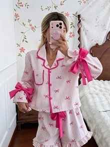 CottageSlumber Striped Bow Pajama Set, Lapel Long Sleeve Contrast Trim Loungewear With Youthful Ruffle Shorts, 2-Piece Set - Pink - View 3