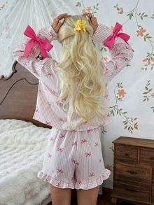 CottageSlumber Striped Bow Pajama Set, Lapel Long Sleeve Contrast Trim Loungewear With Youthful Ruffle Shorts, 2-Piece Set - Pink - View 2