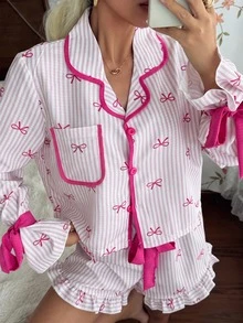 CottageSlumber Striped Bow Pajama Set, Lapel Long Sleeve Contrast Trim Loungewear With Youthful Ruffle Shorts, 2-Piece Set - Pink - View 5