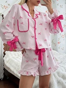 CottageSlumber Striped Bow Pajama Set, Lapel Long Sleeve Contrast Trim Loungewear With Youthful Ruffle Shorts, 2-Piece Set - Pink - View 7