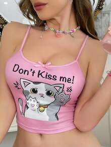 SHEIN Atasan Cami Motif Kucing Lucu & Pita, Kemeja Piyama Wanita - MultiWarna - View 1