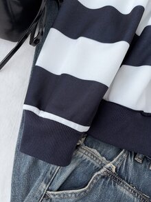 SHEIN 青少年女孩夾克 藍白條紋保暖內裡冬季運動衫 - 藍白色 - 查看 4